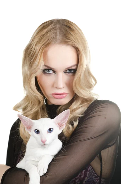 Woman with oriental shorthair cat — Stock Photo, Image