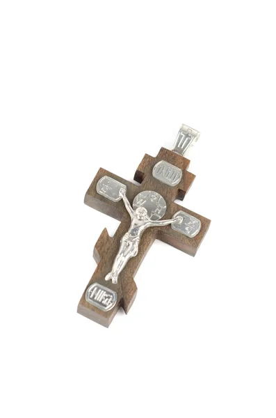 Zilveren en houten kruis — Stockfoto