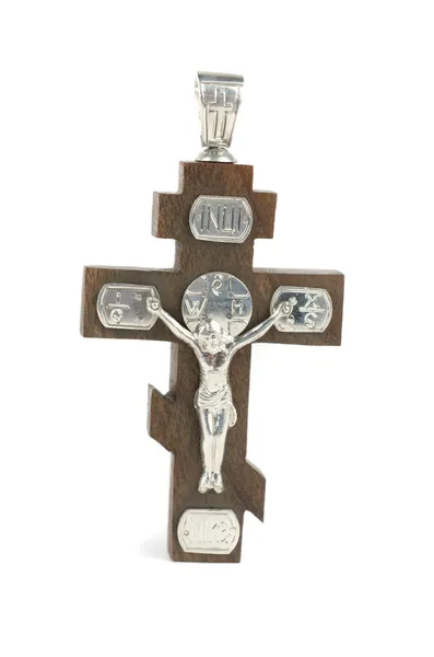 Krzyż Srebrny i drewniane — Zdjęcie stockowe