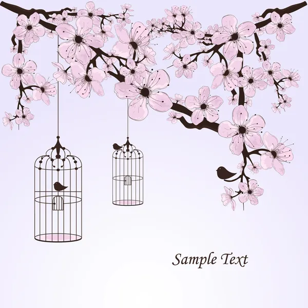 Vintage floral background with a birds and cages — Stock Vector