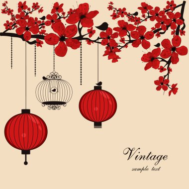 Floral background with chinese lanterns and birdcage clipart
