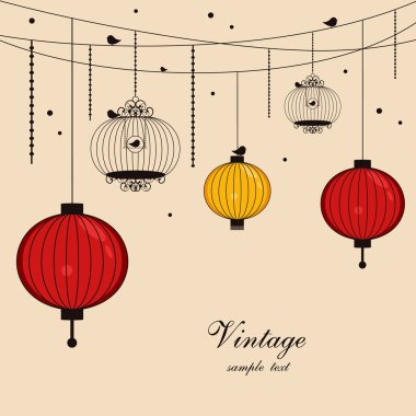 Hanging lanterns and birdcages with space for text clipart