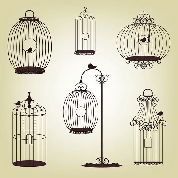 Conjunto de jaulas vintage para pájaros — Vector de stock