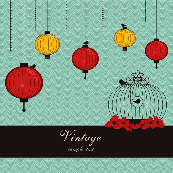 Japanese background with lanterns and birdcage — Wektor stockowy