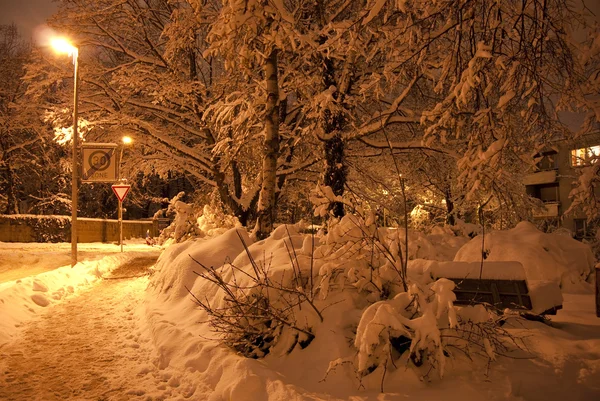 Pista iluminada nevado à noite em exposição longa — Fotografia de Stock