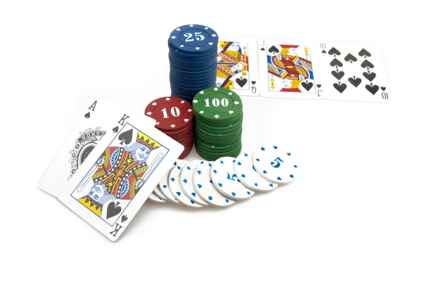 Texas hold'em scala reale e poker chips — Foto Stock