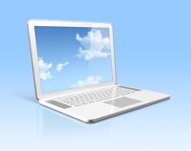 Beyaz dizüstü bilgisayar ile izole mavi gökyüzü perde