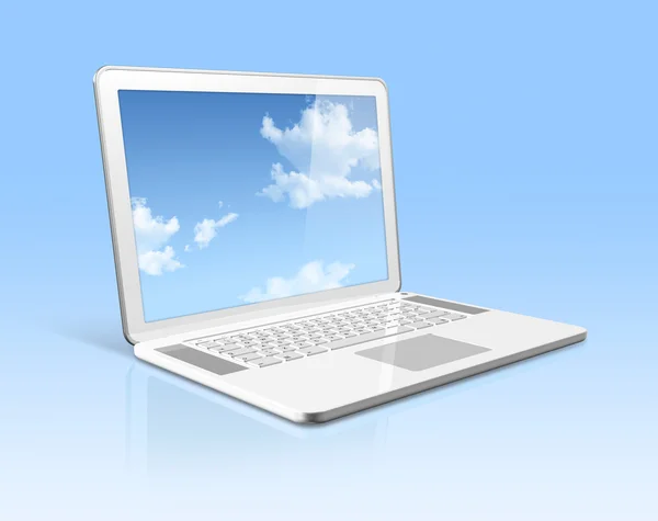 Computador portátil branco com tela de céu isolado em azul — Fotografia de Stock