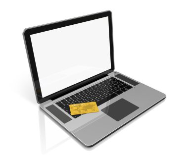 Gold credit card on laptop clipart