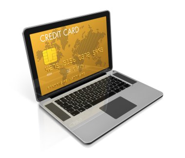 Gold credit card on a laptop screen clipart