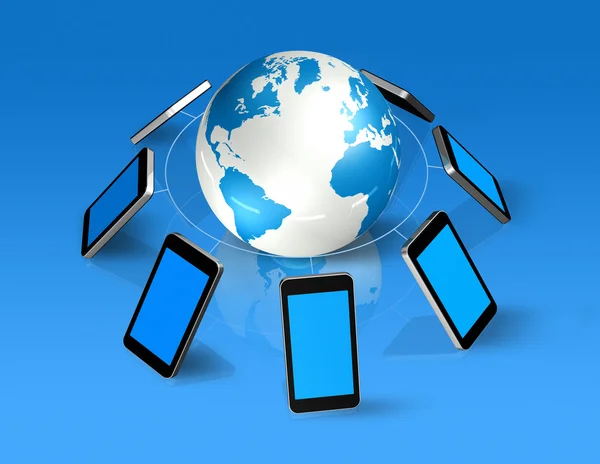 3D mobile phones around a world globe — Stock Photo, Image