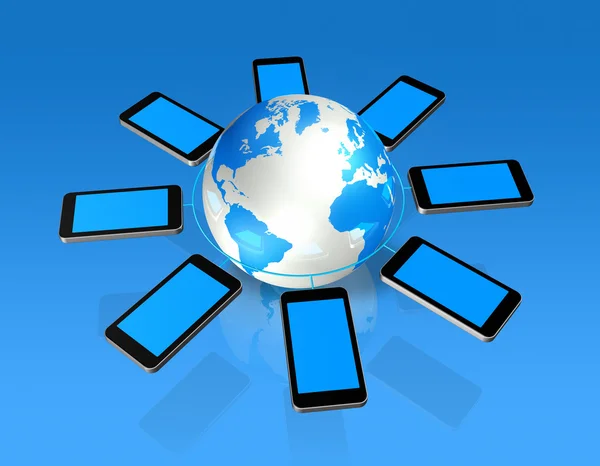 3D mobile phones around a world globe — Stock Photo, Image