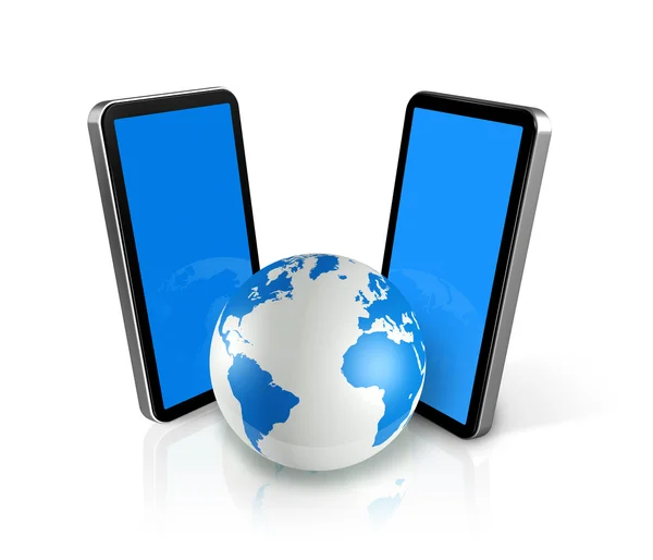 Twee mobiele telefoons rond een wereldbol — Stockfoto