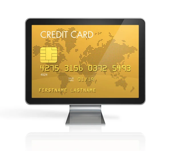 Zlatá kreditní karta na obrazovce počítače — Stock fotografie