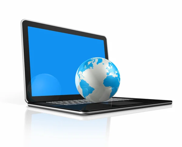 Mundo globo, mapa em um laptop — Fotografia de Stock