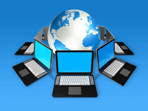 Laptopcomputers rondom een wereldbol — Stockfoto