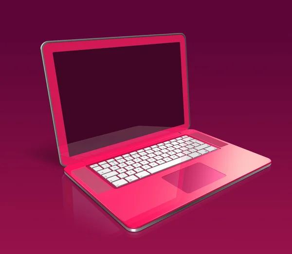 Drie dimensionale roze laptop geïsoleerd op een paarse achtergrond — Stockfoto