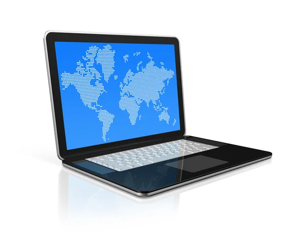 Schwarzer Laptop-Computer isoliert auf weiß mit Weltkarte auf dem Bildschirm — Stockfoto