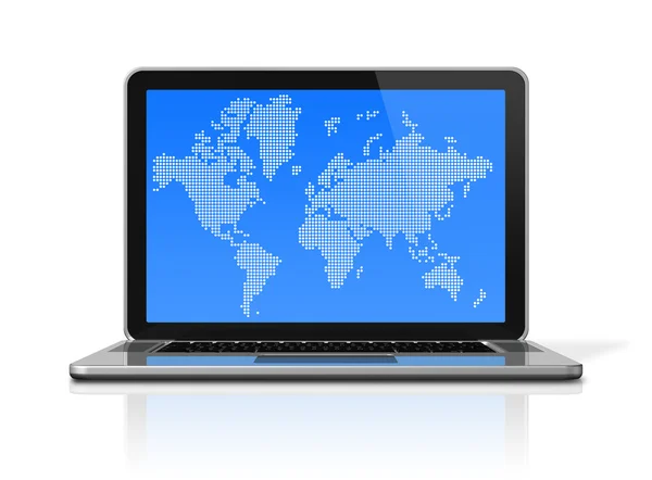 Siyah dizüstü bilgisayar ekranında DünyaHarita ile üzerine beyaz izole — Stok fotoğraf