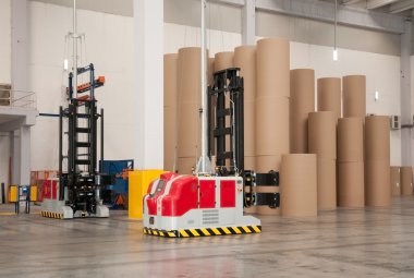 Automated warehouse (paper) with robotic forklift clipart