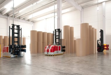 Automated warehouse (paper) with robotic forklift clipart