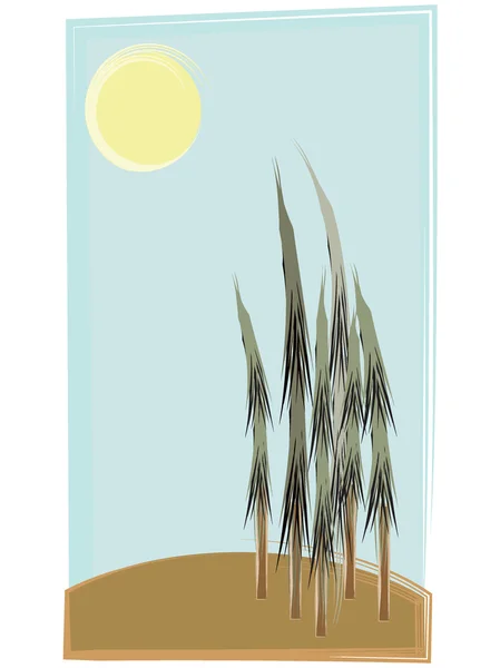 Coup de pinceau style rétro arbres sur la colline sous le soleil — Image vectorielle