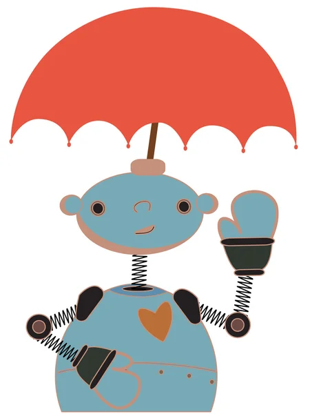 Cute Robot with Umbrella attached to head waving — Stock Vector