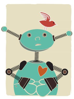 Robot looking at bird on head retro style illustration clipart