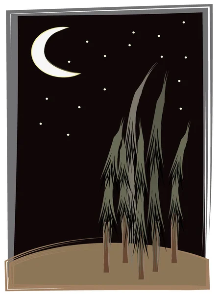 Coup de pinceau arbres de style rétro sur colline sous la lune — Image vectorielle