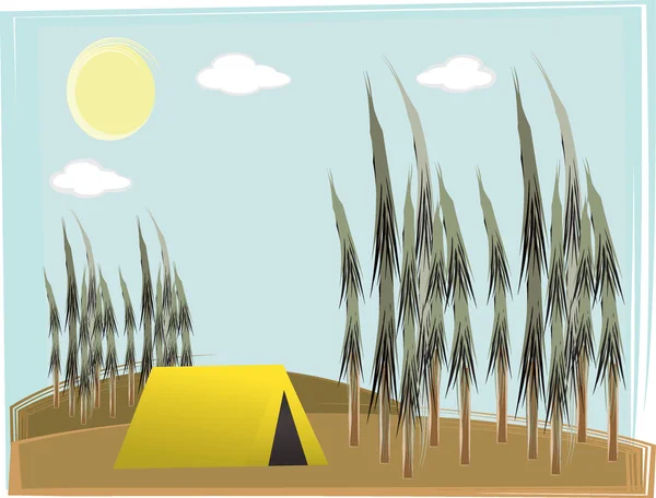Namiot Jednoosobowy obozu na pagórkowatym lasem światła dziennego — Wektor stockowy