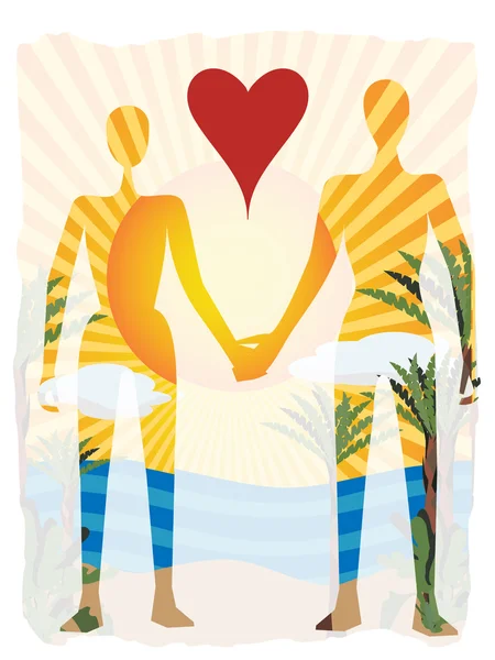 Love in paradise abstract couple silhouetted by beach — Stock Vector