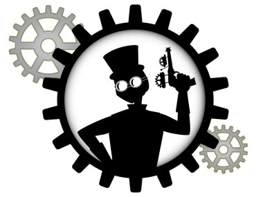 Silhouette of steampunk man holds gun inside gear clipart