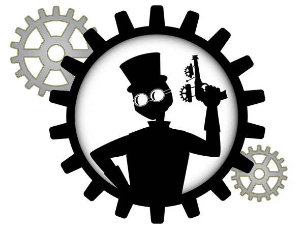 Σιλουέτα του steampunk άνθρωπος κρατά το όπλο μέσα εργαλεία — Διανυσματικό Αρχείο