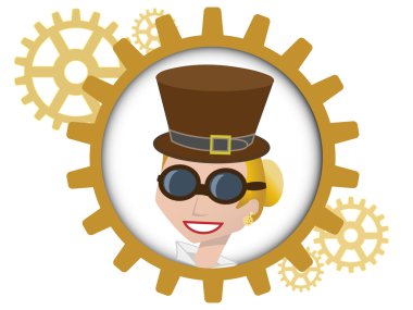 Youthful cartoon steampunk woman inside gear clipart