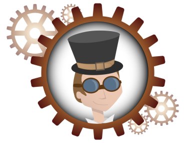 Youthful cartoon steampunk man inside gear clipart