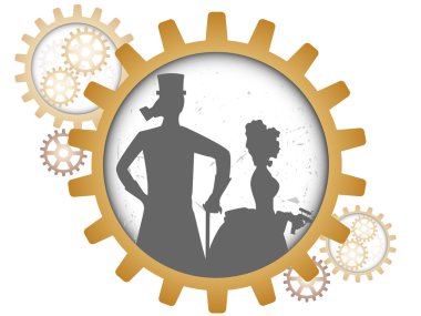 Silhouettes of steampunk couple inside shadow gear clipart