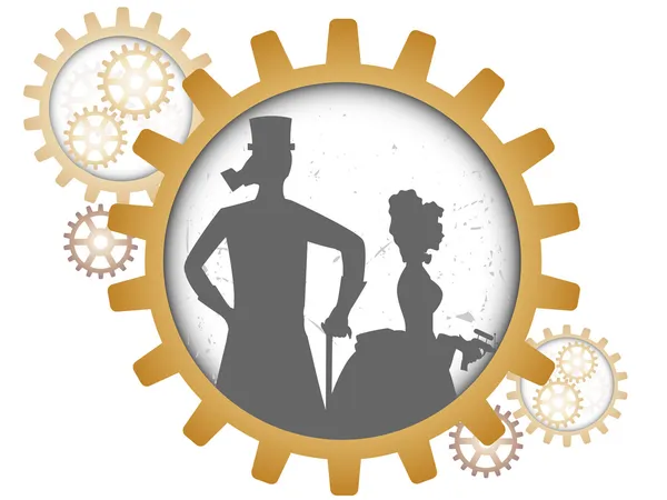 Silhouettes of steampunk couple inside shadow gear — Stock Vector