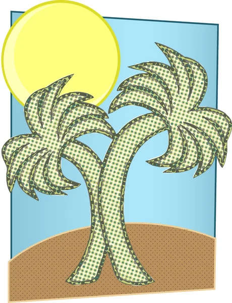 Halftone palm bomen grote zon op het eiland — Stockvector
