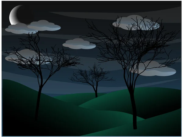 Espeluznante sombrío árbol desnudo escena de la noche media luna — Archivo Imágenes Vectoriales