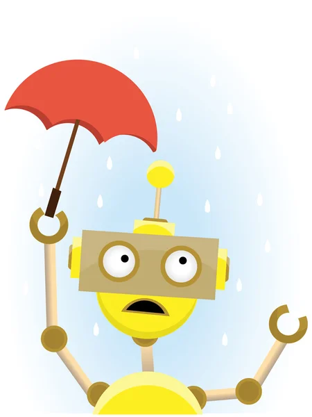Gelber Roboter hält kleinen Regenschirm zum Schutz vor Regen — Stockvektor
