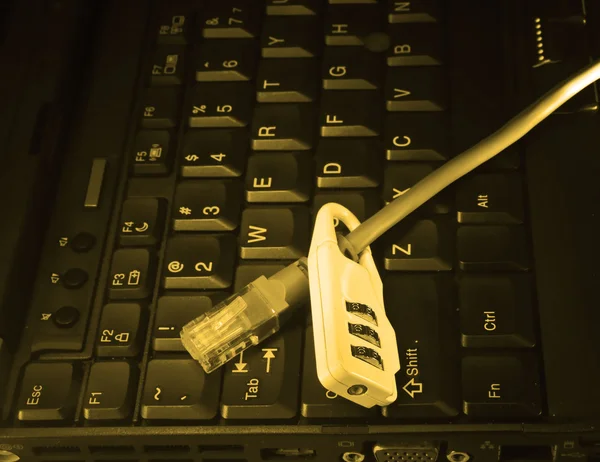 Cerradura y cable de red con fondo de teclado del ordenador — Foto de Stock
