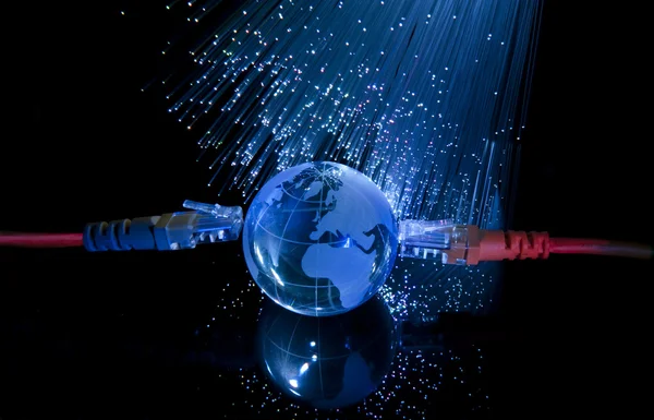 World map technology style against fiber optic background — Stock Photo, Image