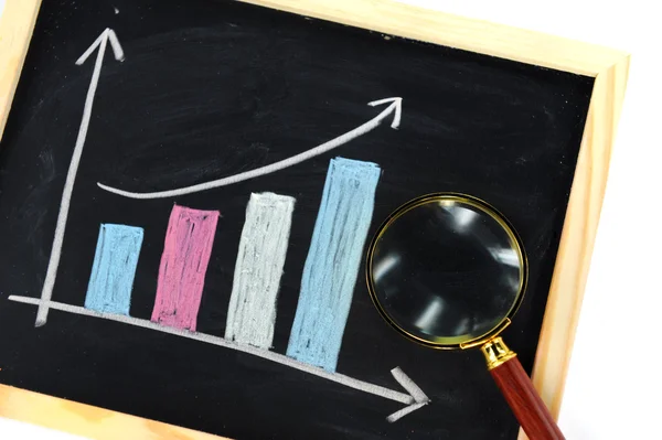 stock image Business graph on a blackboard with magnifying glass