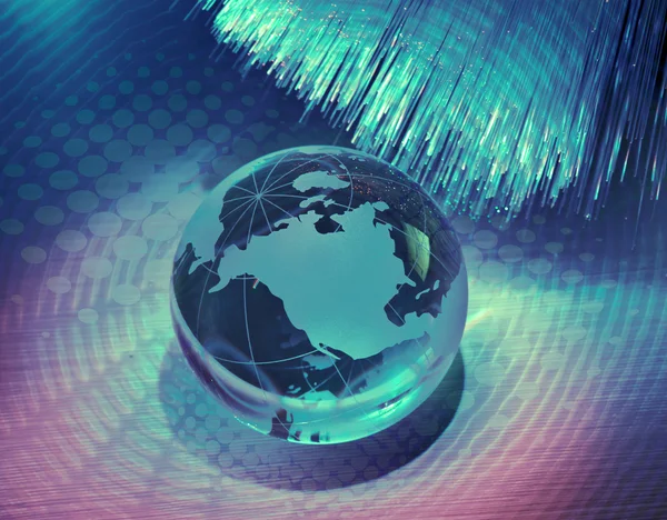 Världen kartstil teknik mot fiber optic bakgrund — Stockfoto