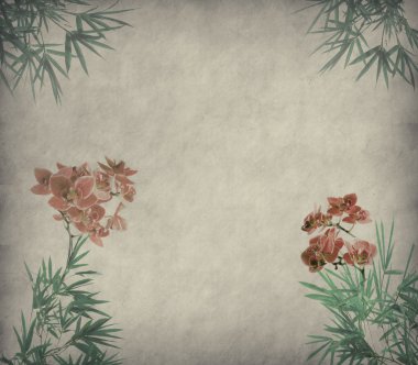 Orchids with bamboo leaves on old grunge antique paper texture clipart