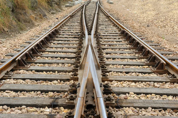 Rail Road Tracks - electrical. Looking down the train tracks — Stock Photo, Image