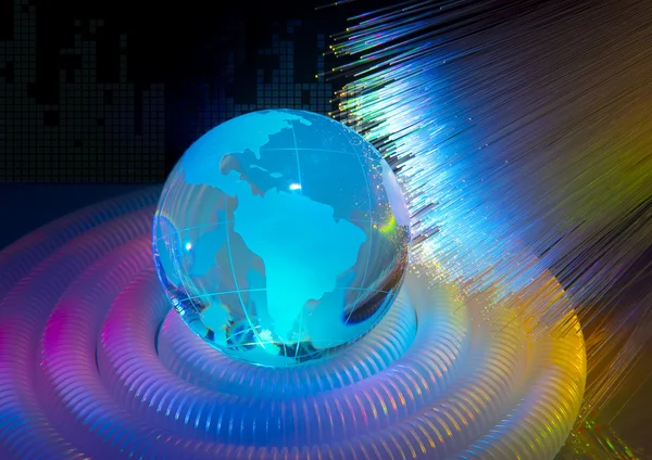 Világ Térkép technológia stílus fiber optic háttér — Stock Fotó