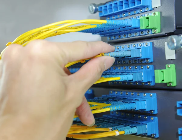 Snímek síťových kabelů a serverů v datovém centru technologie — Stock fotografie