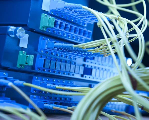 Snímek síťových kabelů a serverů v datovém centru technologie — Stock fotografie