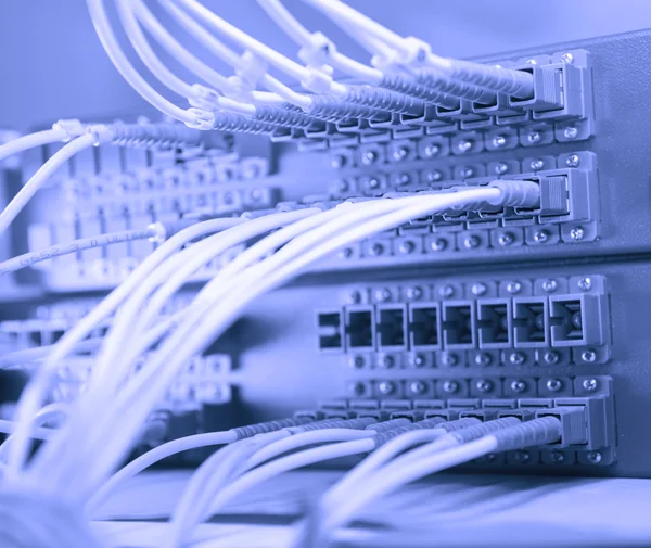 Ditembak jaringan kabel dan server di pusat data teknologi — Stok Foto
